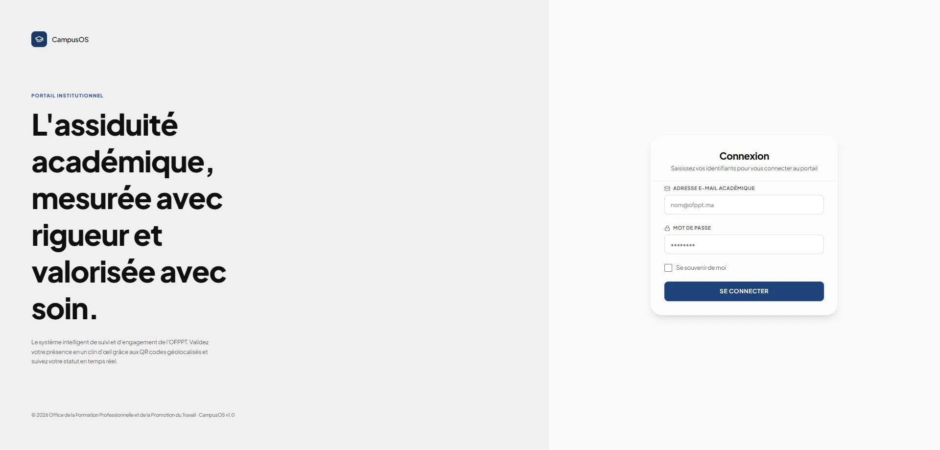 CampusOS institutional login page with split layout and academic email sign-in