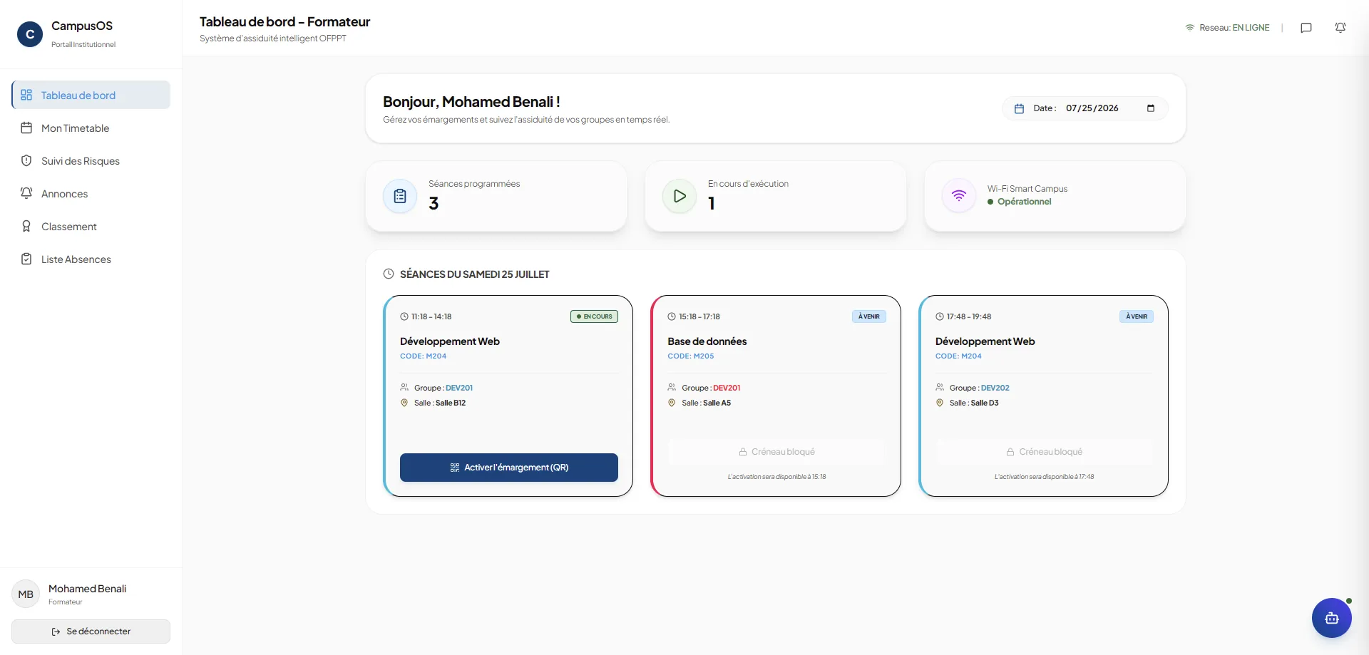 Trainer dashboard listing the day's sessions with attendance activation locked until each session starts