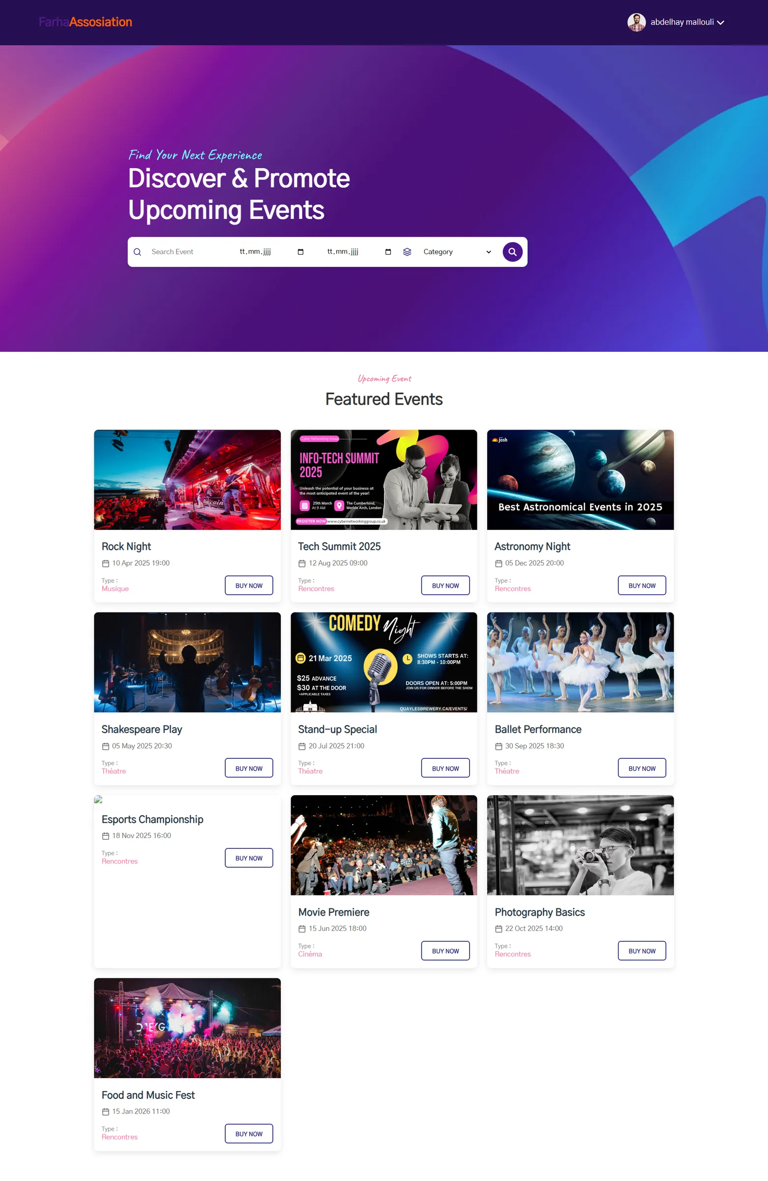 Farha cultural event platform showing an event listing with filters and a booking action